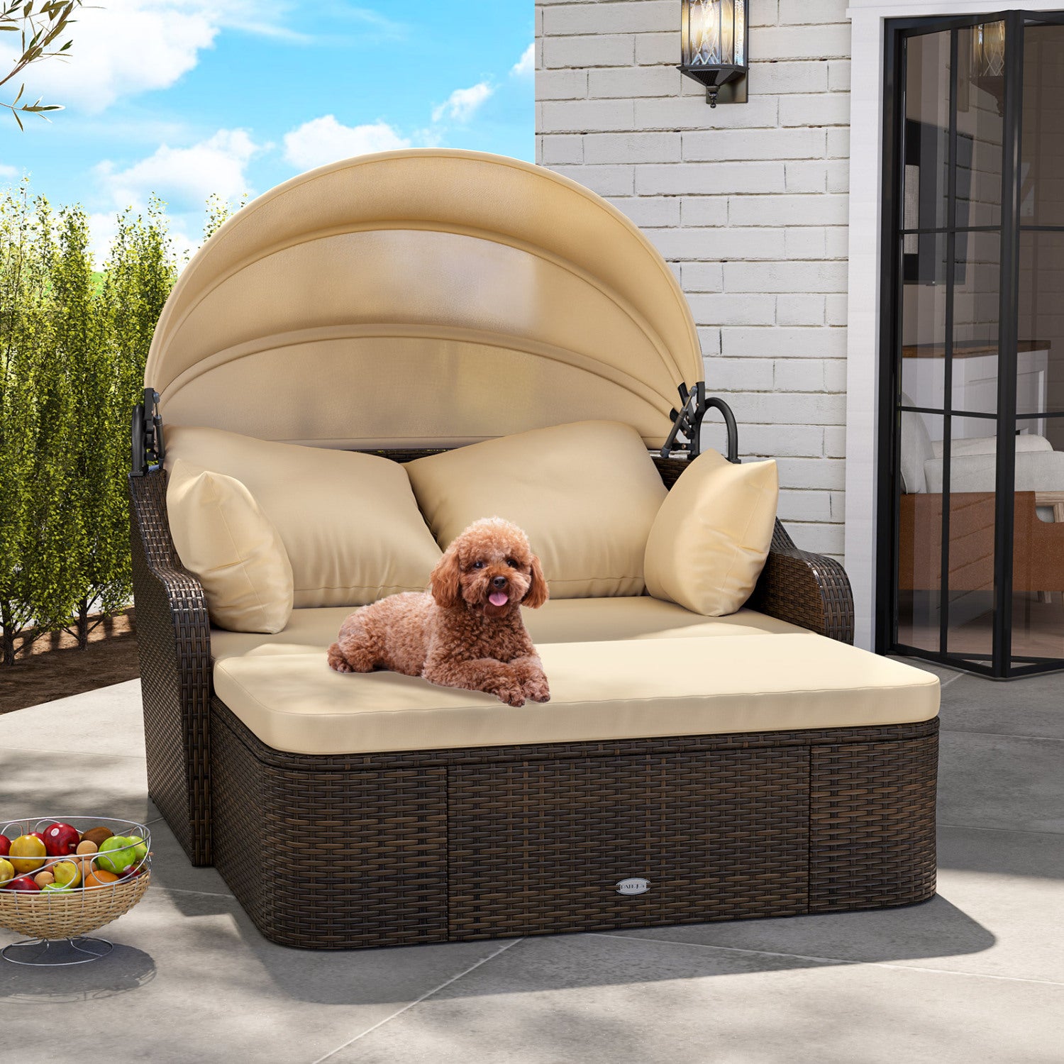 Patio PE Rattan Daybed, Retractable Canopy, Soft Cushions, Beige Outdoor Sectionals at Gallery Canada