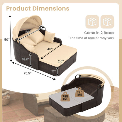 Patio PE Rattan Daybed, Retractable Canopy, Soft Cushions, Beige Outdoor Sectionals at Gallery Canada