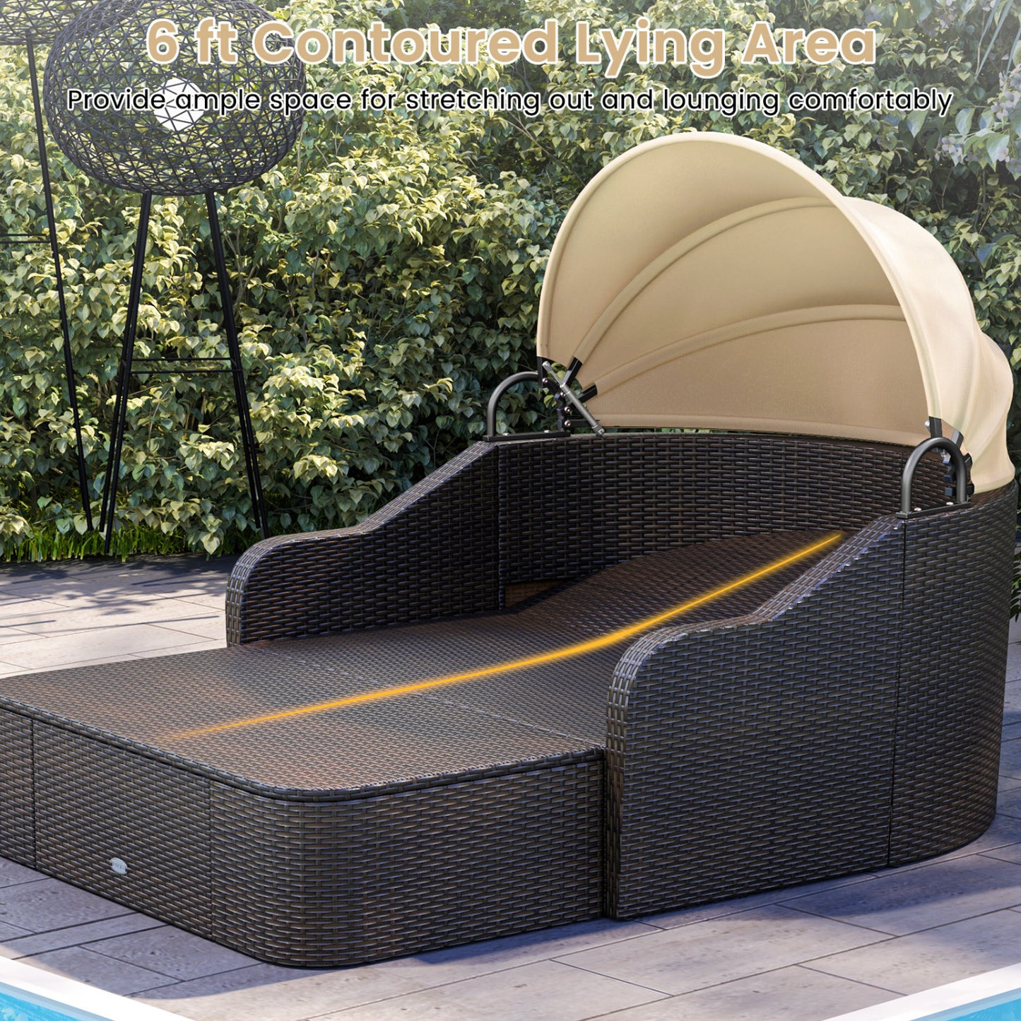 Patio PE Rattan Daybed, Retractable Canopy, Soft Cushions, Beige Outdoor Sectionals at Gallery Canada