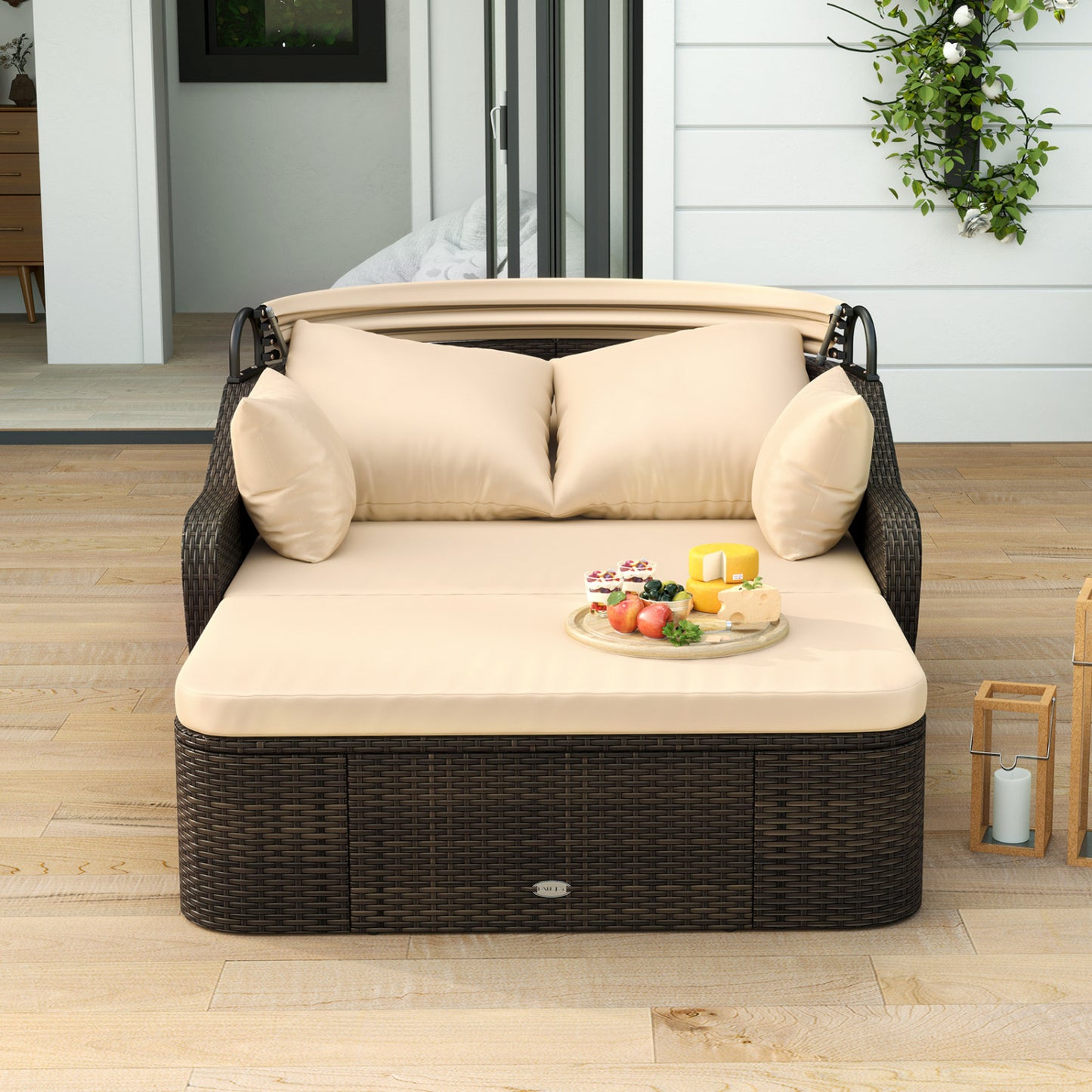 Patio PE Rattan Daybed, Retractable Canopy, Soft Cushions, Beige Outdoor Sectionals at Gallery Canada
