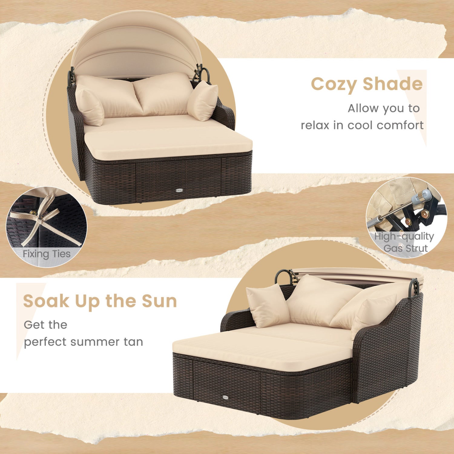 Patio PE Rattan Daybed, Retractable Canopy, Soft Cushions, Beige Outdoor Sectionals at Gallery Canada