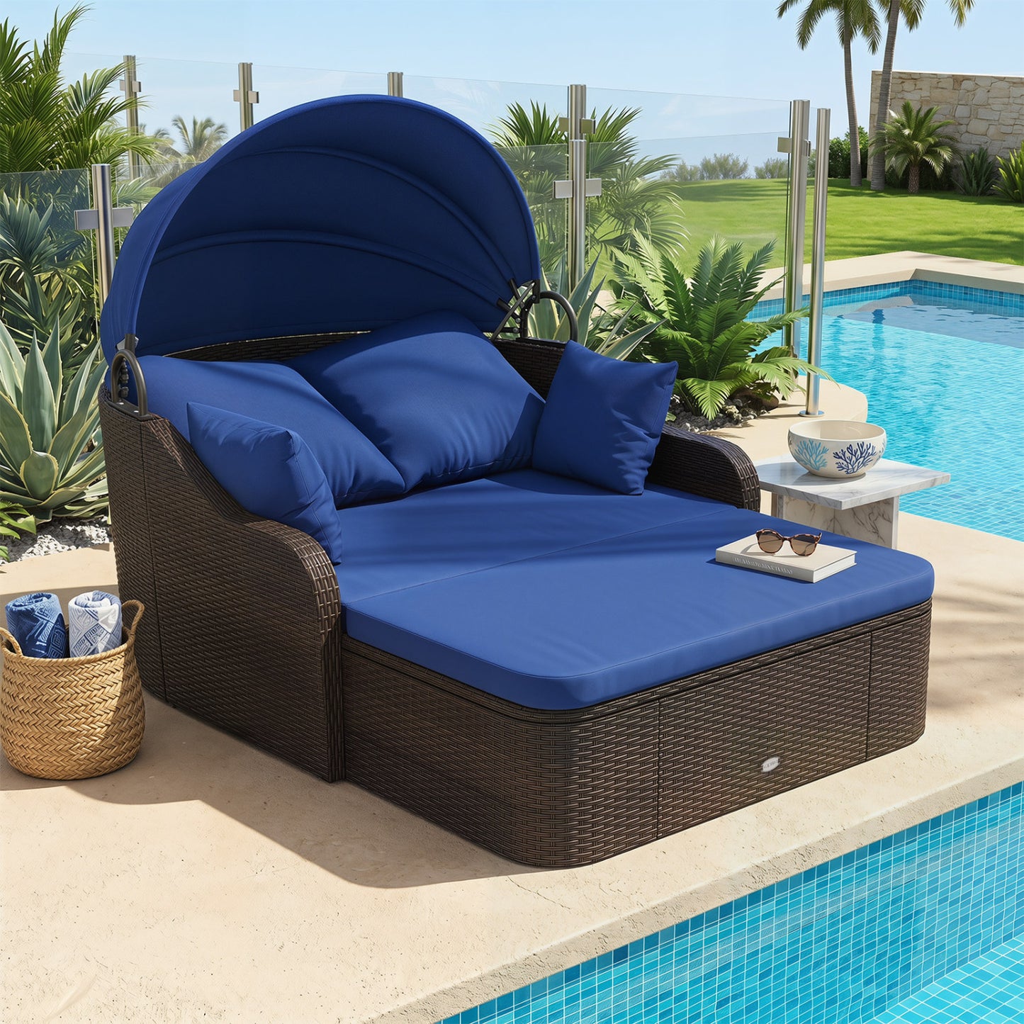 Patio PE Rattan Daybed With Retractable Canopy, Navy