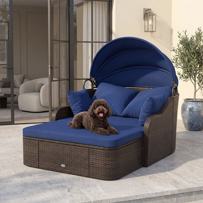 Patio PE Rattan Daybed With Retractable Canopy, Navy