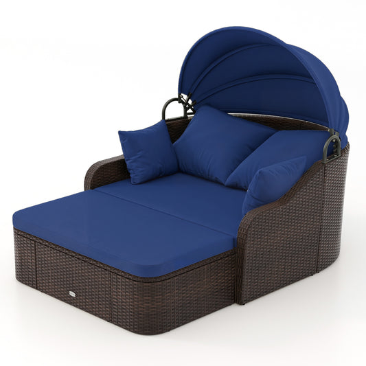 Patio PE Rattan Daybed With Retractable Canopy, Navy Outdoor Sectionals Navy at Gallery Canada
