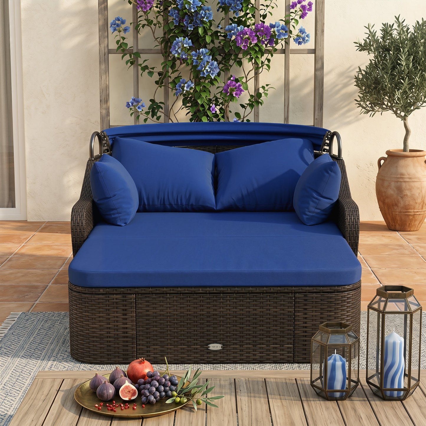 Patio PE Rattan Daybed With Retractable Canopy, Navy
