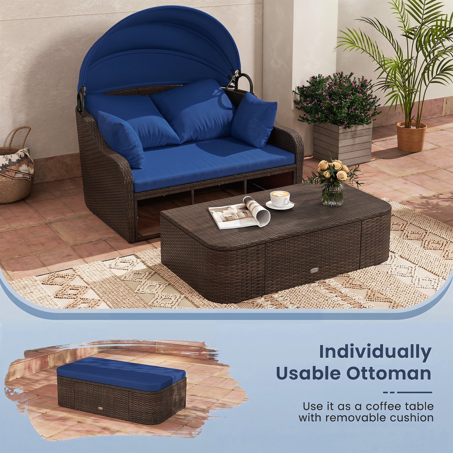 Patio PE Rattan Daybed With Retractable Canopy, Navy Outdoor Sectionals at Gallery Canada