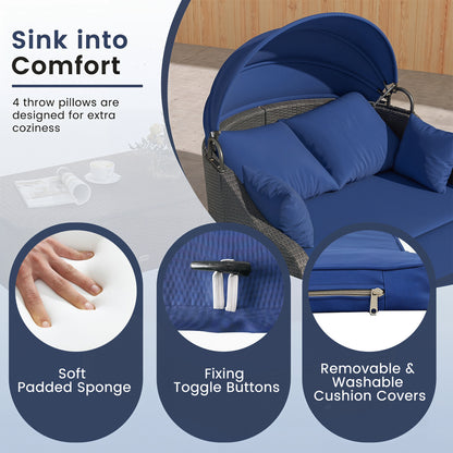 Patio PE Rattan Daybed With Retractable Canopy, Navy Outdoor Sectionals at Gallery Canada
