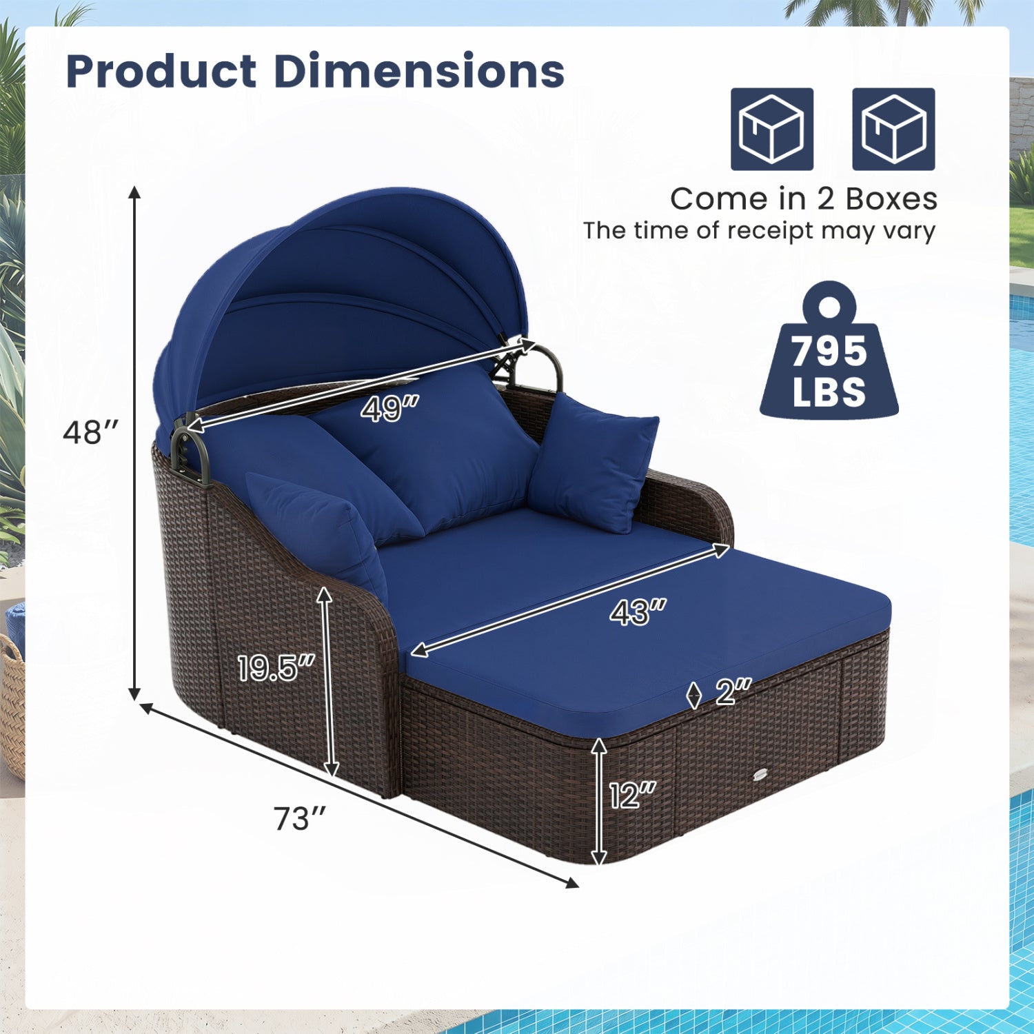 Patio PE Rattan Daybed With Retractable Canopy, Navy Outdoor Sectionals at Gallery Canada