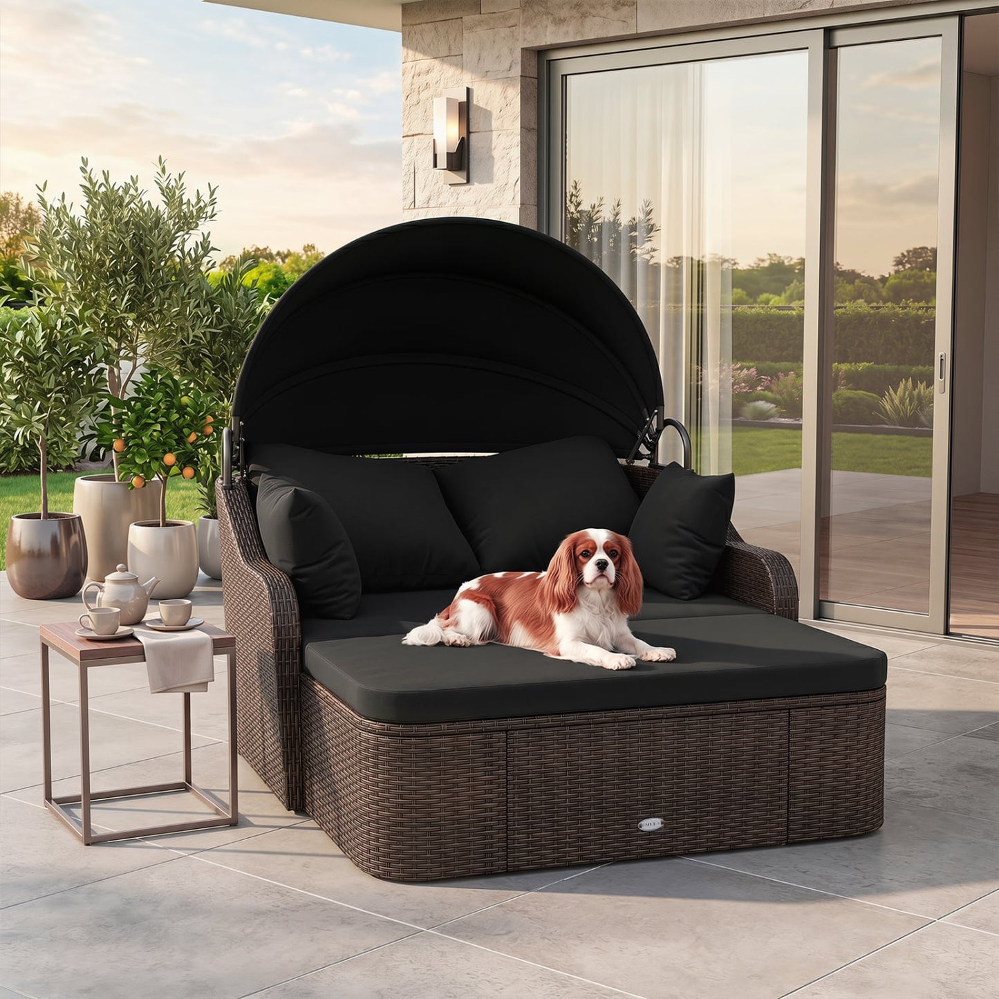 Patio PE Rattan Daybed With Retractable Canopy, Black