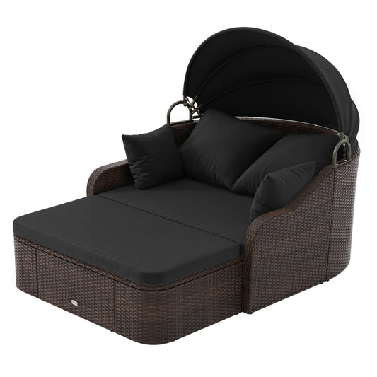 Patio PE Rattan Daybed With Retractable Canopy, Black Outdoor Sectionals Black at Gallery Canada