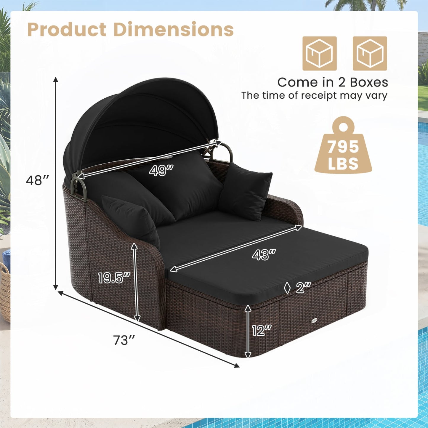 Patio PE Rattan Daybed With Retractable Canopy, Black