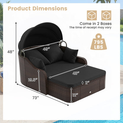 Patio PE Rattan Daybed With Retractable Canopy, Black