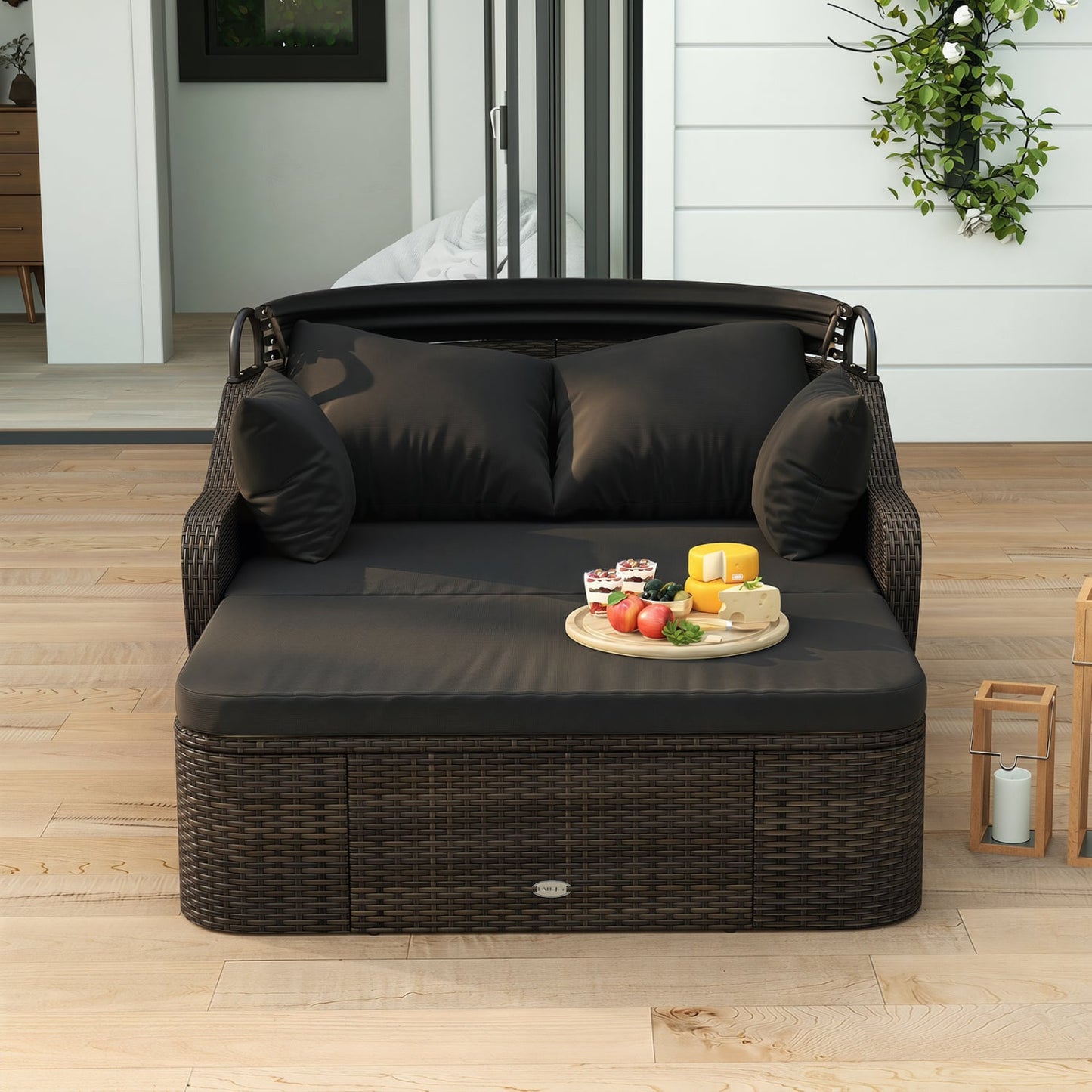 Patio PE Rattan Daybed With Retractable Canopy, Black