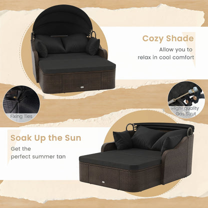 Patio PE Rattan Daybed With Retractable Canopy, Black