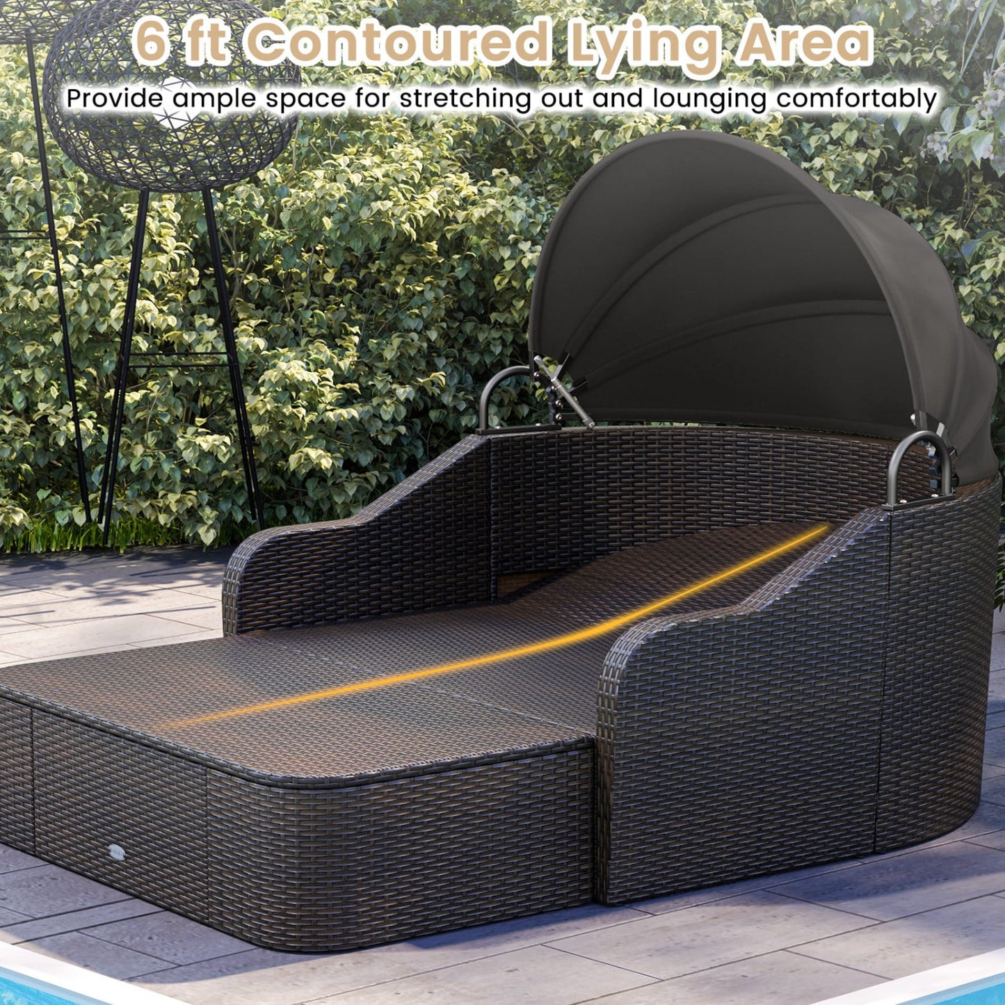Patio PE Rattan Daybed With Retractable Canopy, Black