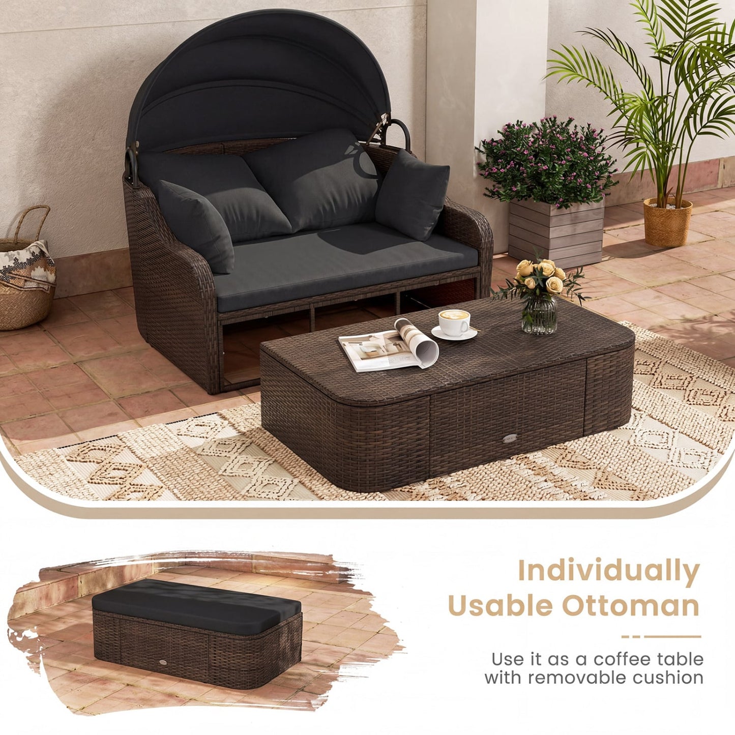 Patio PE Rattan Daybed With Retractable Canopy, Black