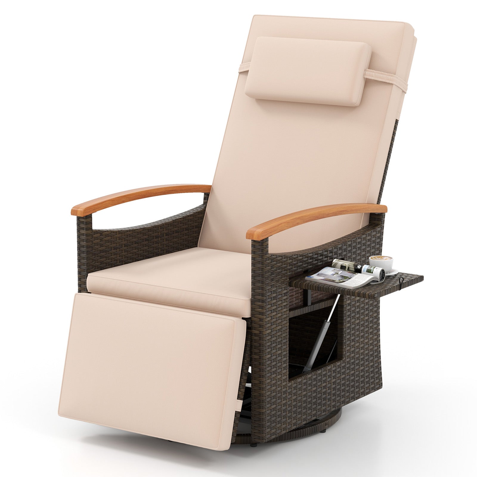 Patio Rattan 360° Swivel Recliner Chair with Adjustable Backrest and Footrest, Beige Recliners Beige at Gallery Canada