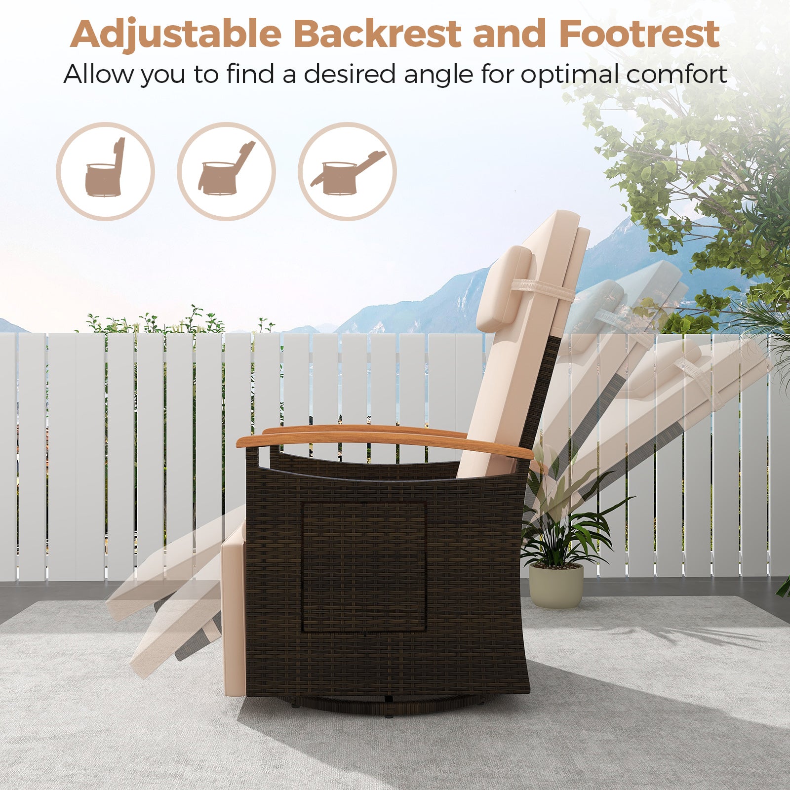 Patio Rattan 360° Swivel Recliner Chair with Adjustable Backrest and Footrest, Beige Recliners at Gallery Canada