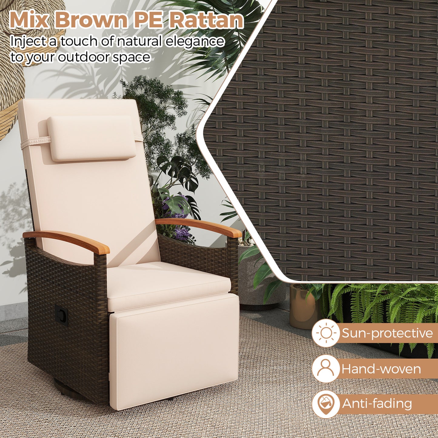 Patio Rattan 360° Swivel Recliner Chair with Adjustable Backrest and Footrest, Beige Recliners at Gallery Canada