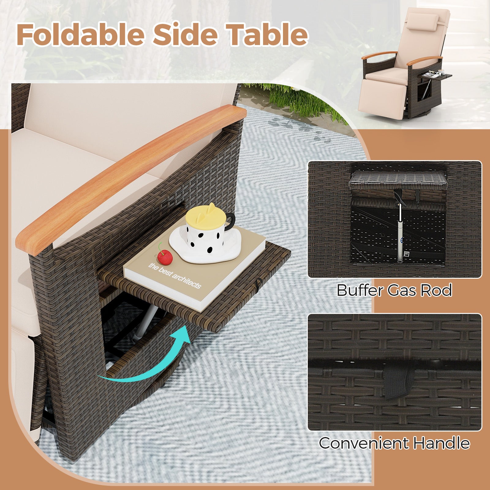 Patio Rattan 360° Swivel Recliner Chair with Adjustable Backrest and Footrest, Beige Recliners at Gallery Canada