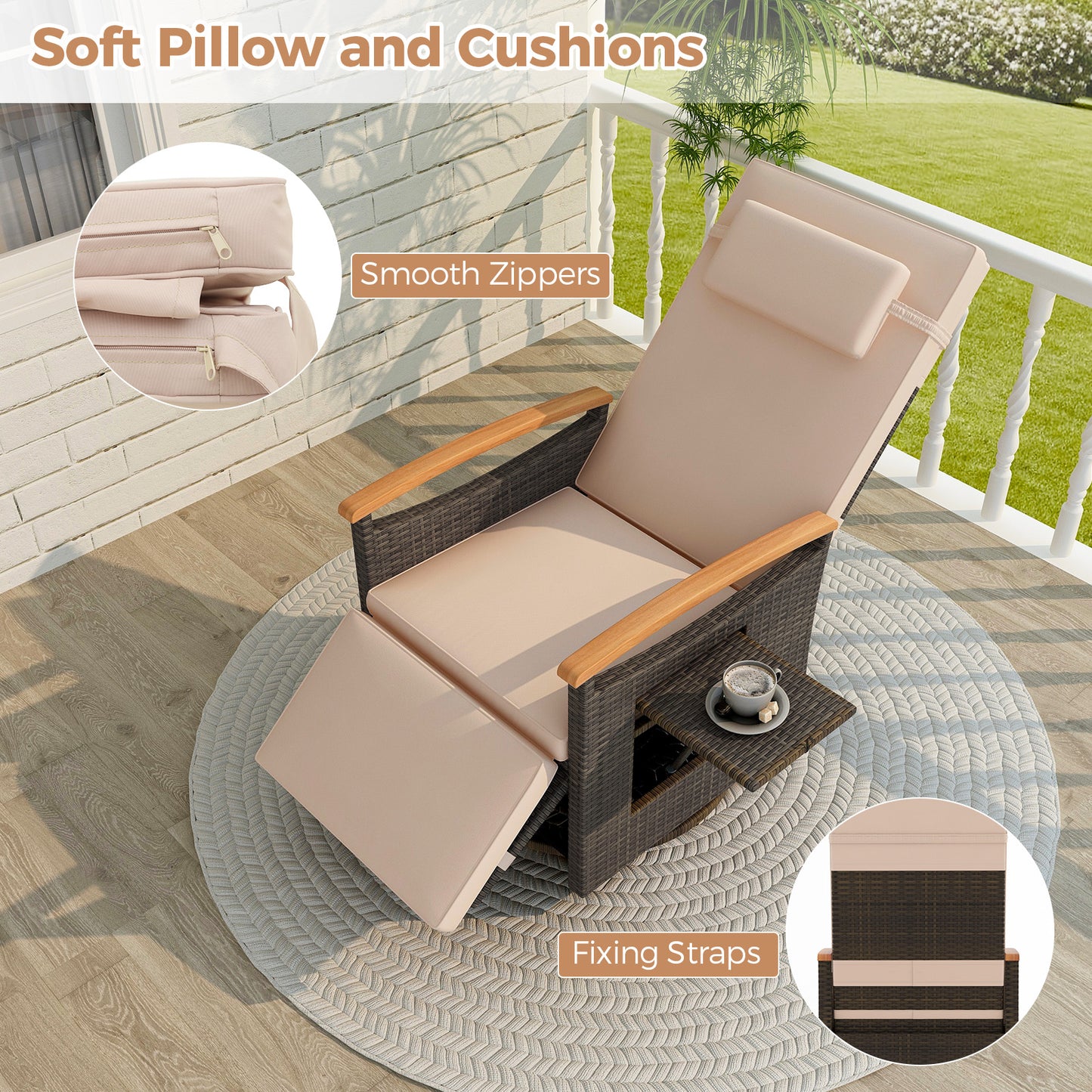 Patio Rattan 360° Swivel Recliner Chair with Adjustable Backrest and Footrest, Beige Recliners at Gallery Canada