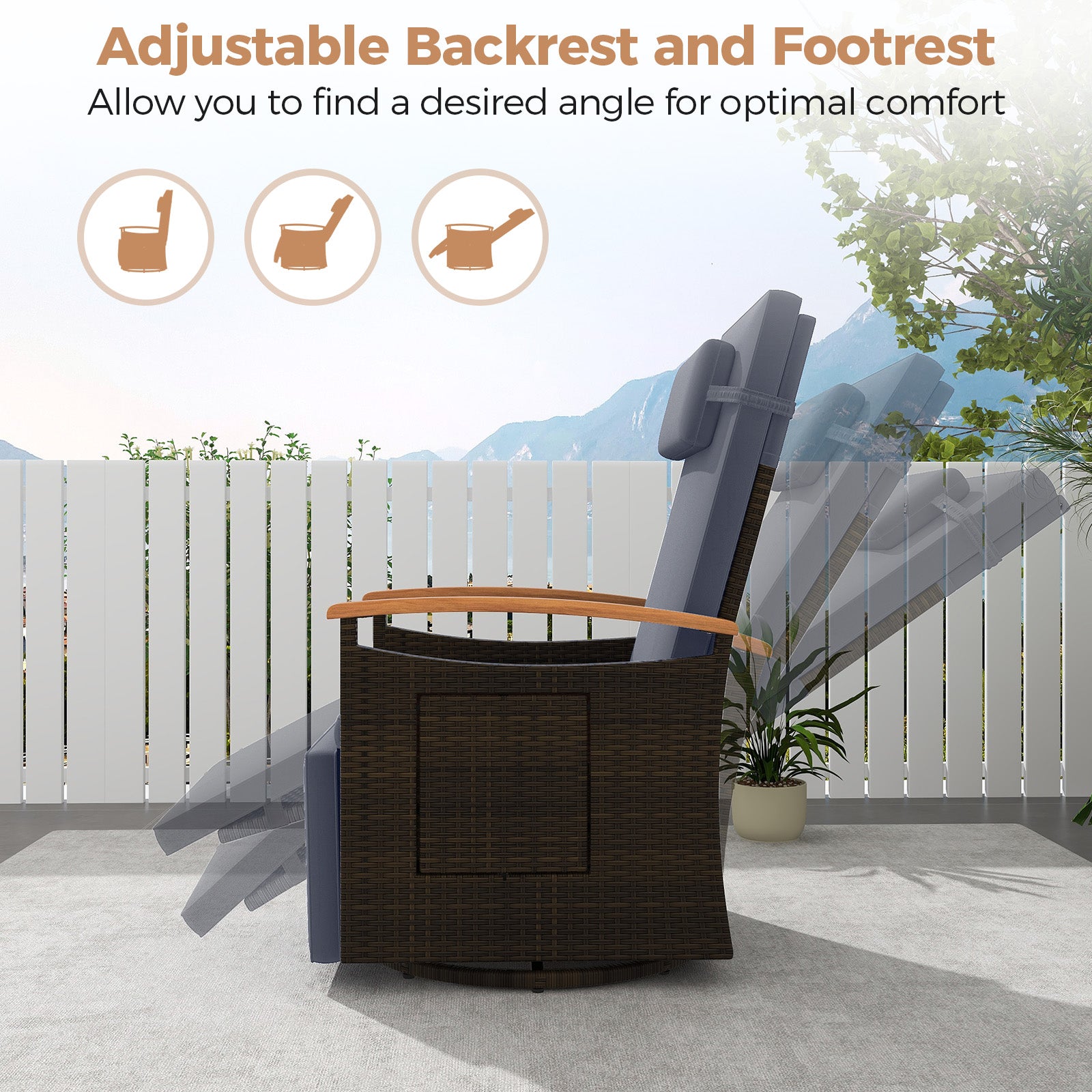 Patio Rattan 360° Swivel Recliner Chair with Adjustable Backrest and Footrest, Gray Outdoor Seating & Patio Chairs at Gallery Canada