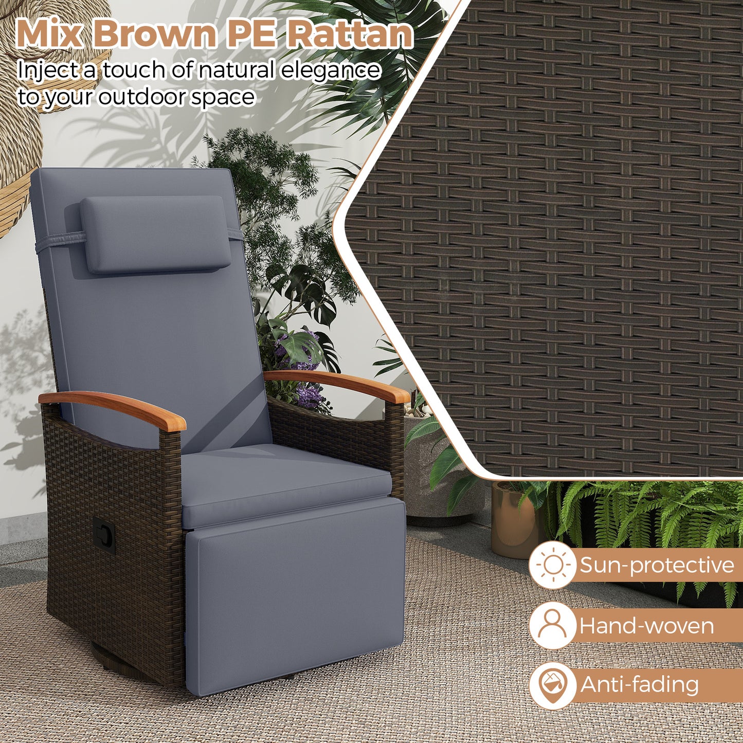 Patio Rattan 360° Swivel Recliner Chair with Adjustable Backrest and Footrest, Gray Outdoor Seating & Patio Chairs at Gallery Canada