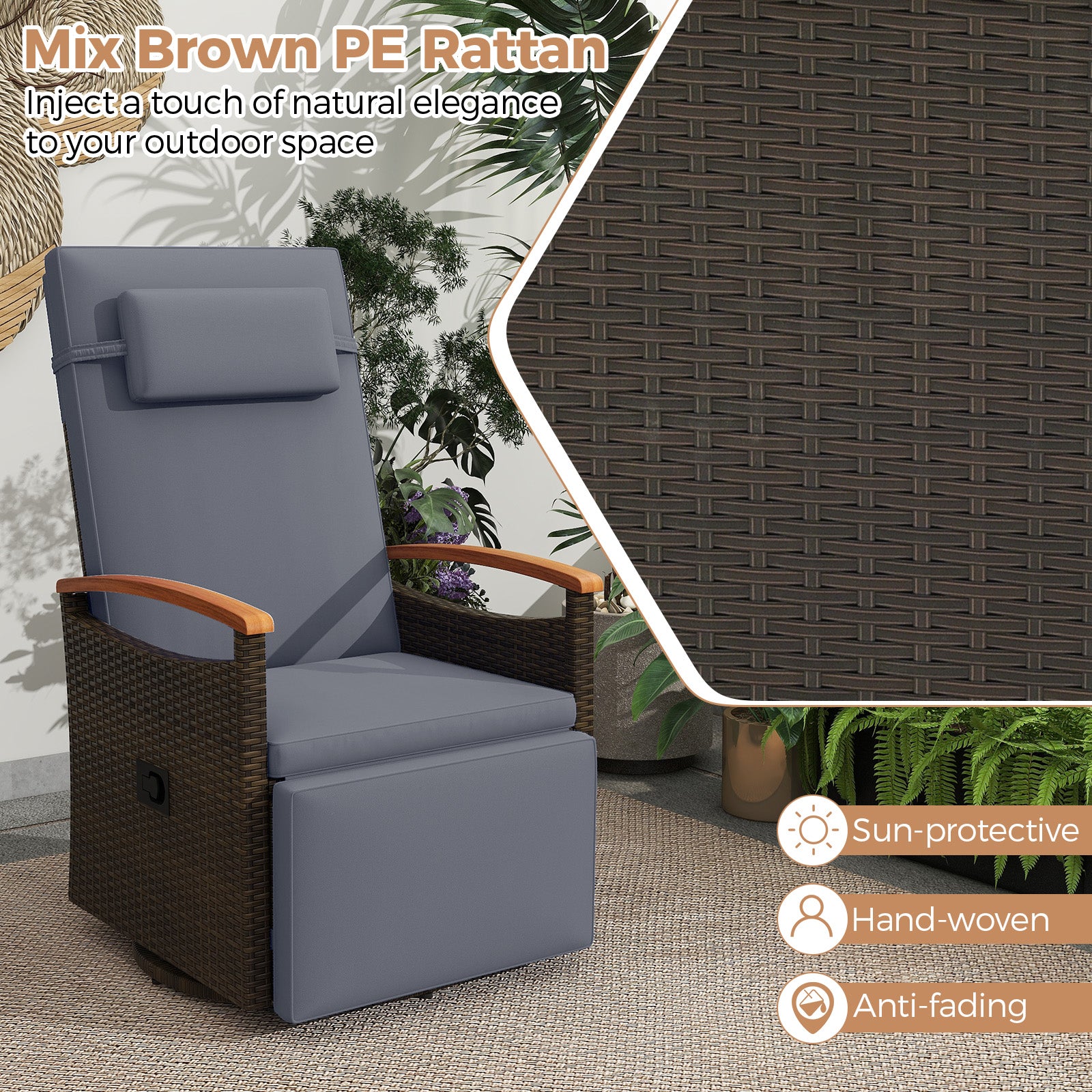 Patio Rattan 360° Swivel Recliner Chair with Adjustable Backrest and Footrest, Gray Outdoor Seating & Patio Chairs at Gallery Canada