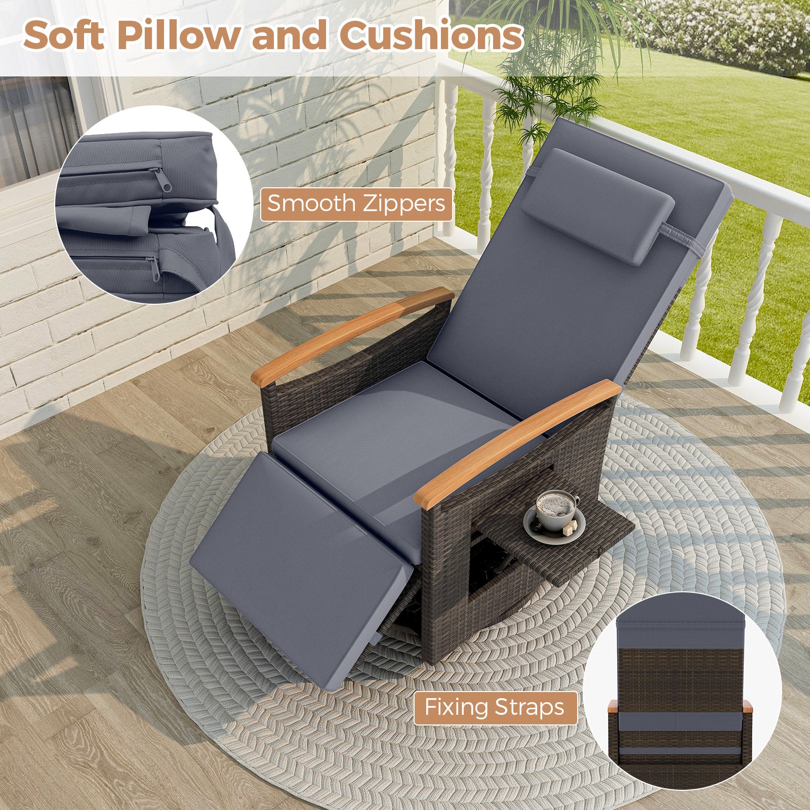 Patio Rattan 360° Swivel Recliner Chair with Adjustable Backrest and Footrest, Gray Outdoor Seating & Patio Chairs at Gallery Canada