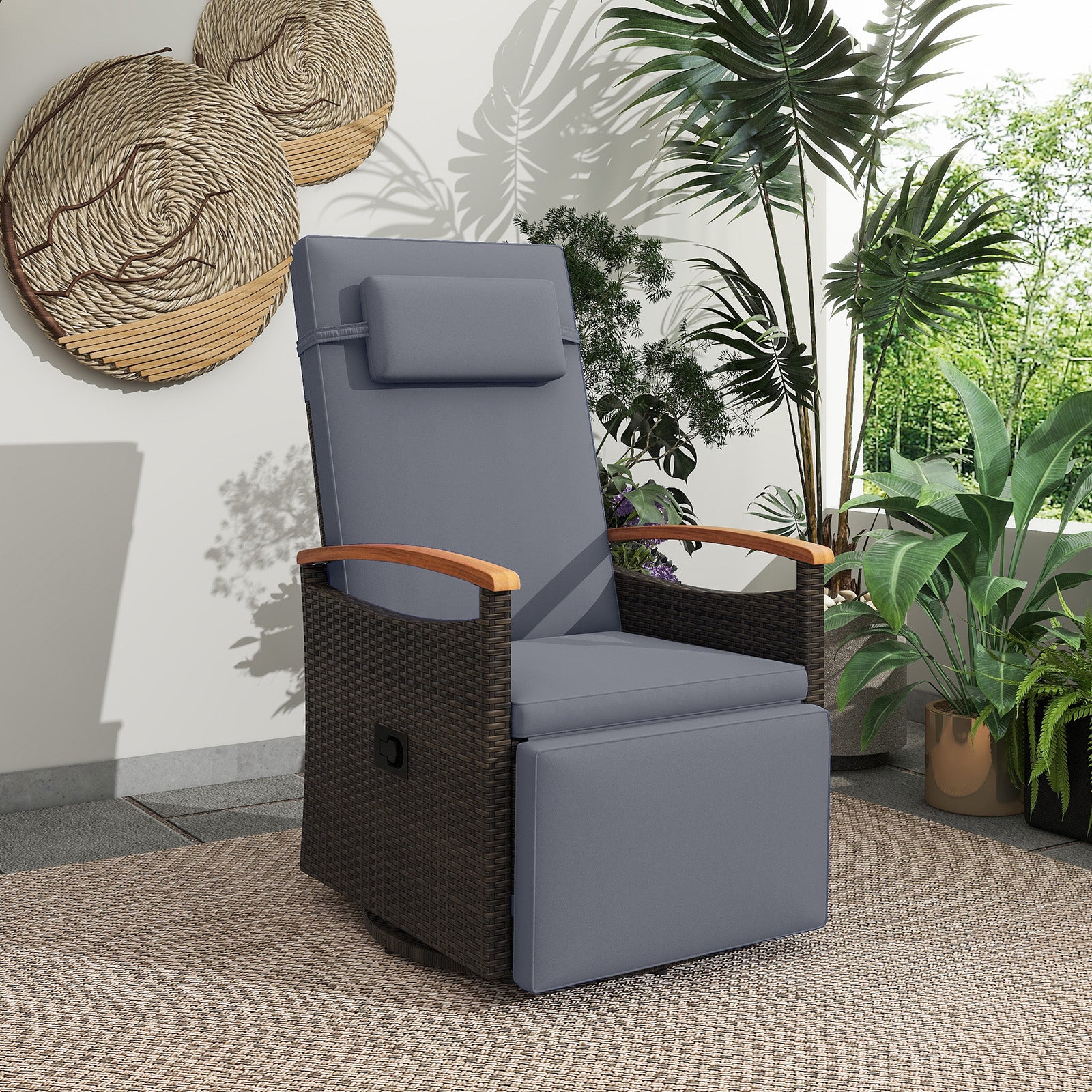 Patio Rattan 360° Swivel Recliner Chair with Adjustable Backrest and Footrest, Gray Outdoor Seating & Patio Chairs at Gallery Canada