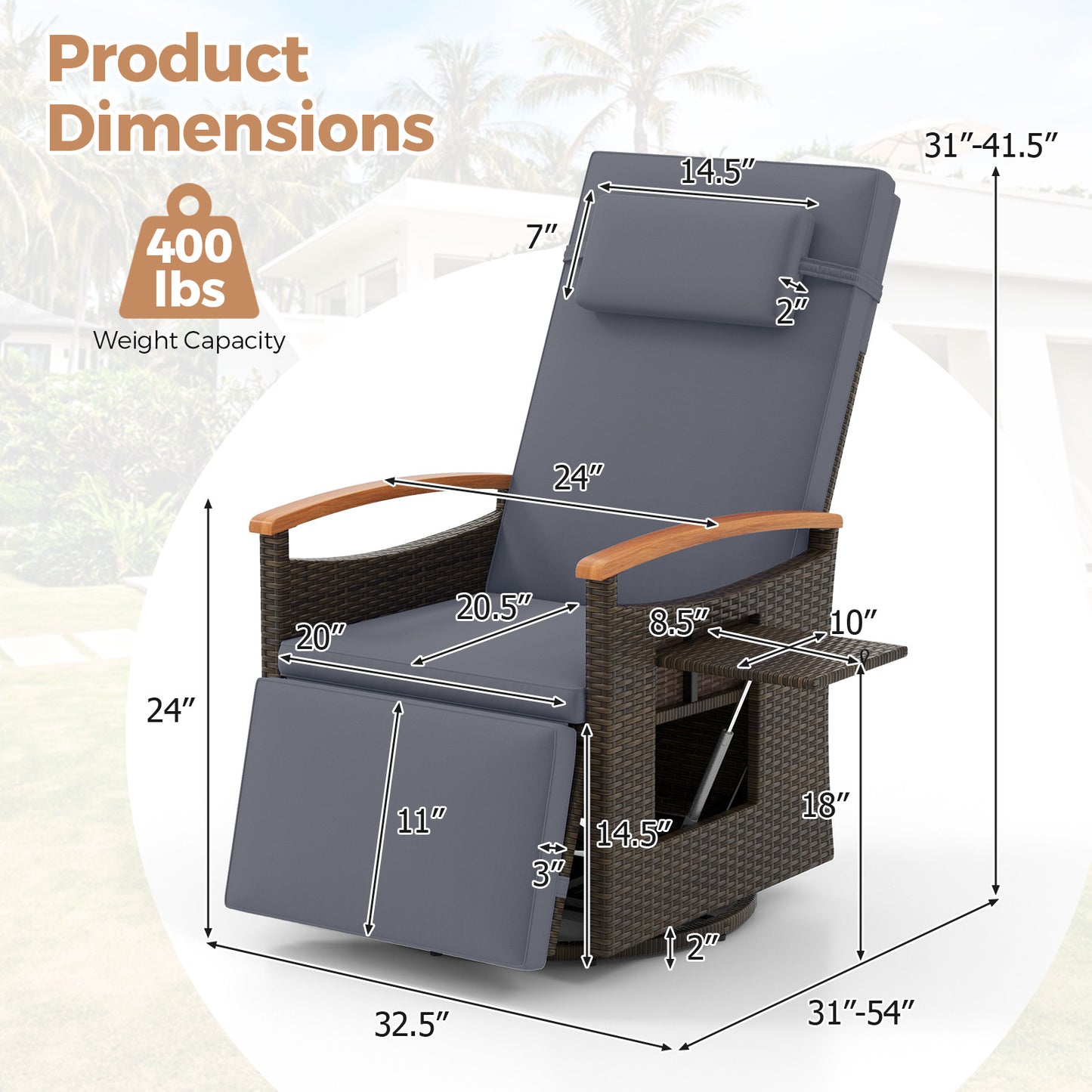 Patio Rattan 360° Swivel Recliner Chair with Adjustable Backrest and Footrest, Gray Outdoor Seating & Patio Chairs at Gallery Canada