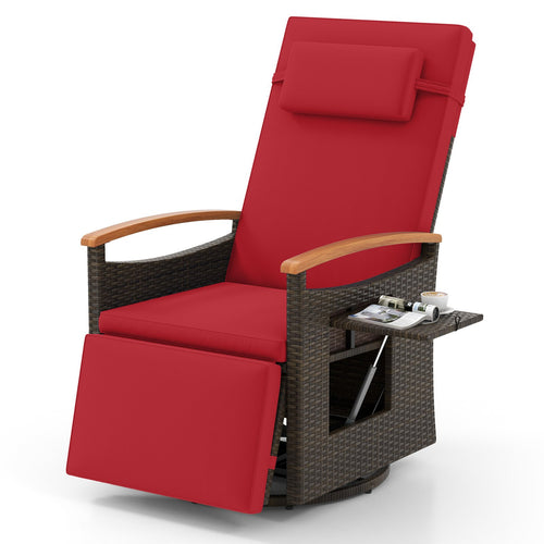 Patio Rattan 360° Swivel Recliner Chair with Adjustable Backrest and Footrest, Red