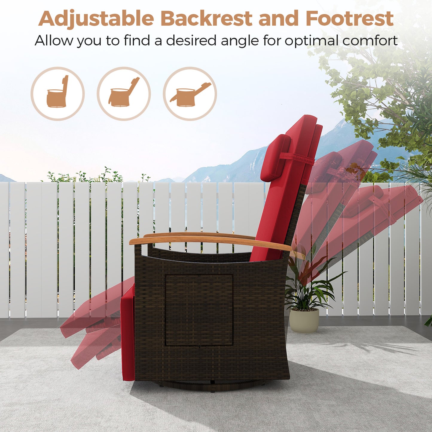 Patio Rattan 360° Swivel Recliner Chair with Adjustable Backrest and Footrest, Red Outdoor Seating & Patio Chairs at Gallery Canada