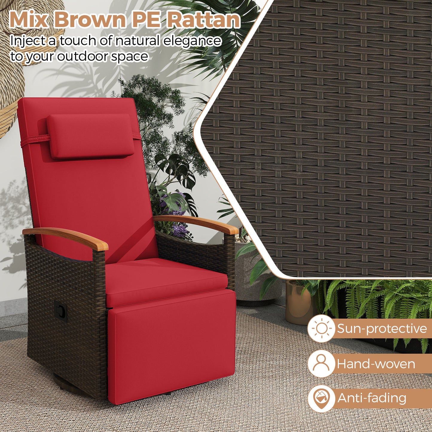 Patio Rattan 360° Swivel Recliner Chair with Adjustable Backrest and Footrest, Red Outdoor Seating & Patio Chairs at Gallery Canada