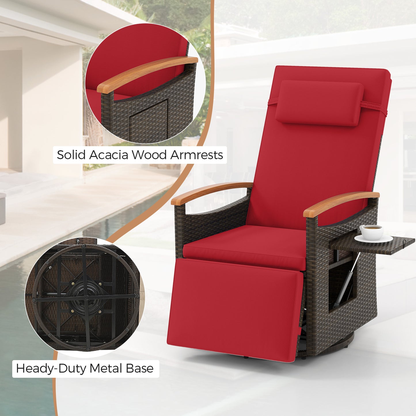 Patio Rattan 360° Swivel Recliner Chair with Adjustable Backrest and Footrest, Red Outdoor Seating & Patio Chairs at Gallery Canada