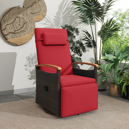 Patio Rattan 360° Swivel Recliner Chair with Adjustable Backrest and Footrest, Red