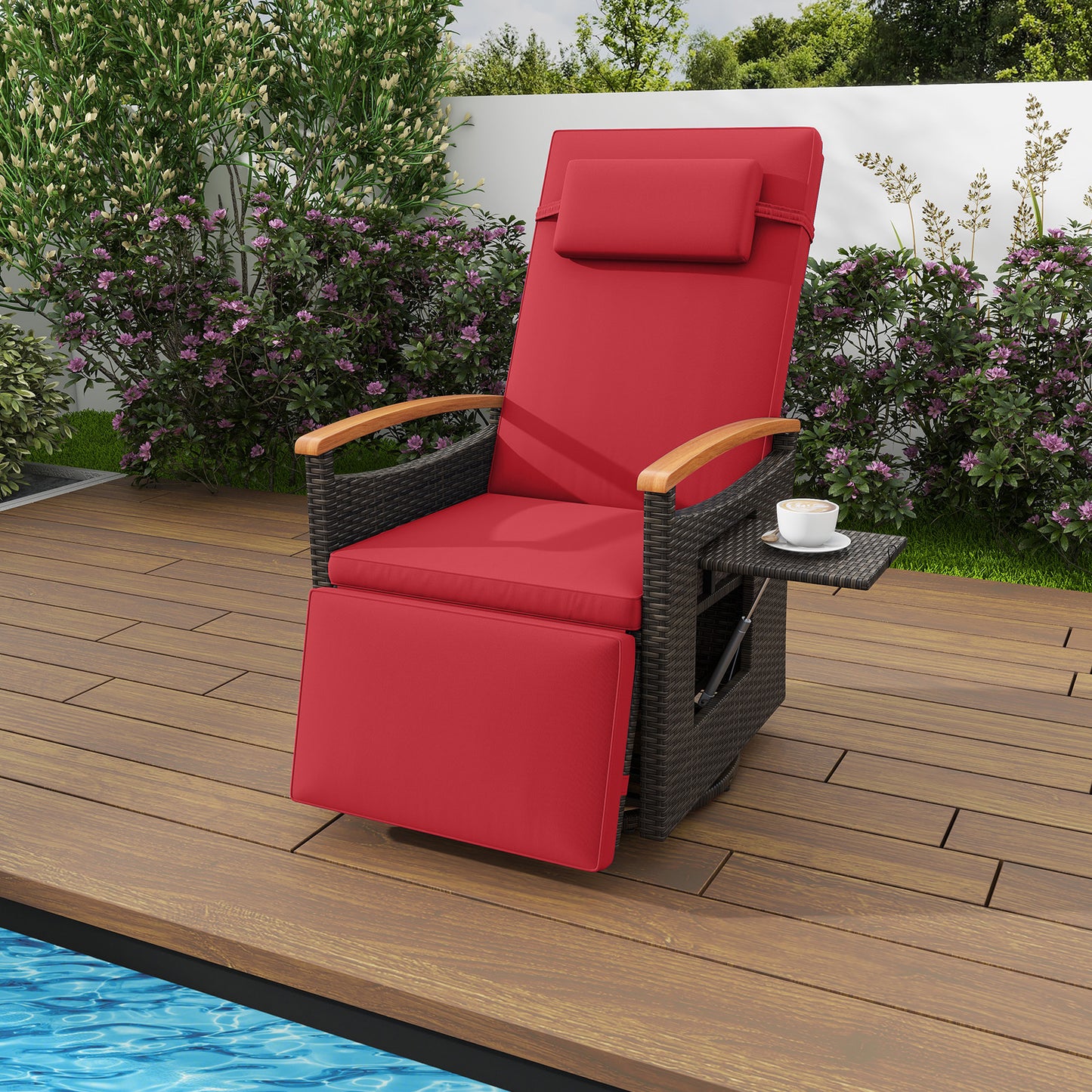 Patio Rattan 360° Swivel Recliner Chair with Adjustable Backrest and Footrest, Red Outdoor Seating & Patio Chairs at Gallery Canada