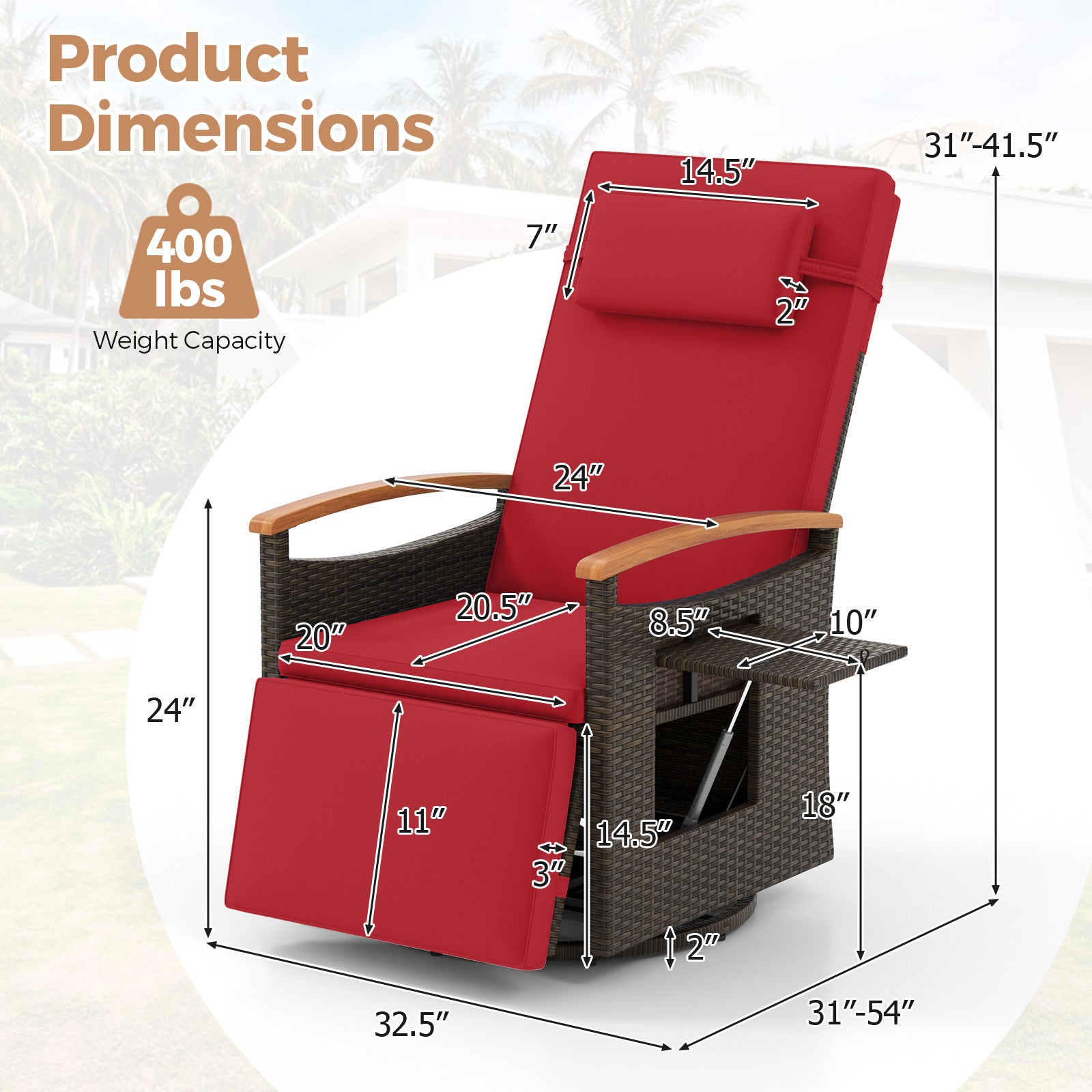 Patio Rattan 360° Swivel Recliner Chair with Adjustable Backrest and Footrest, Red Outdoor Seating & Patio Chairs at Gallery Canada