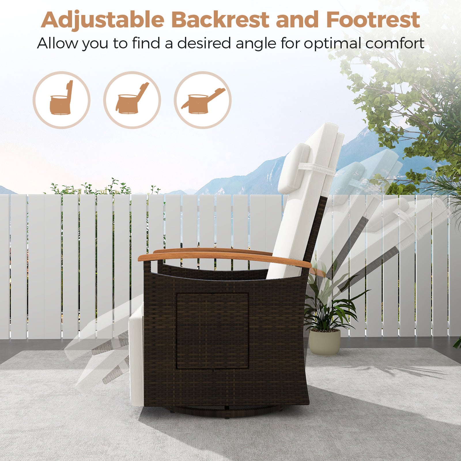 Patio Rattan 360° Swivel Recliner Chair with Adjustable Backrest and Footrest, White Outdoor Seating & Patio Chairs at Gallery Canada
