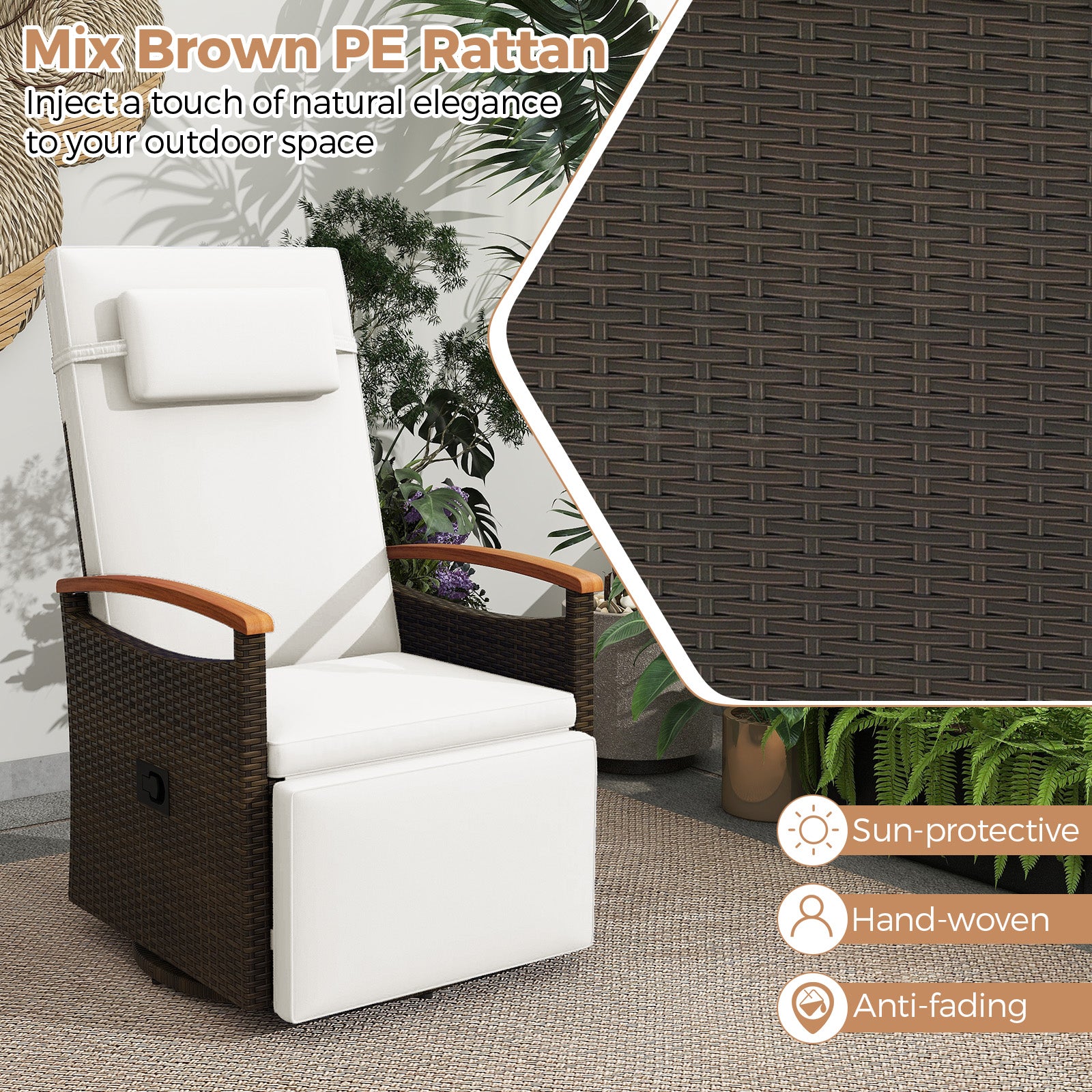 Patio Rattan 360° Swivel Recliner Chair with Adjustable Backrest and Footrest, White Outdoor Seating & Patio Chairs at Gallery Canada