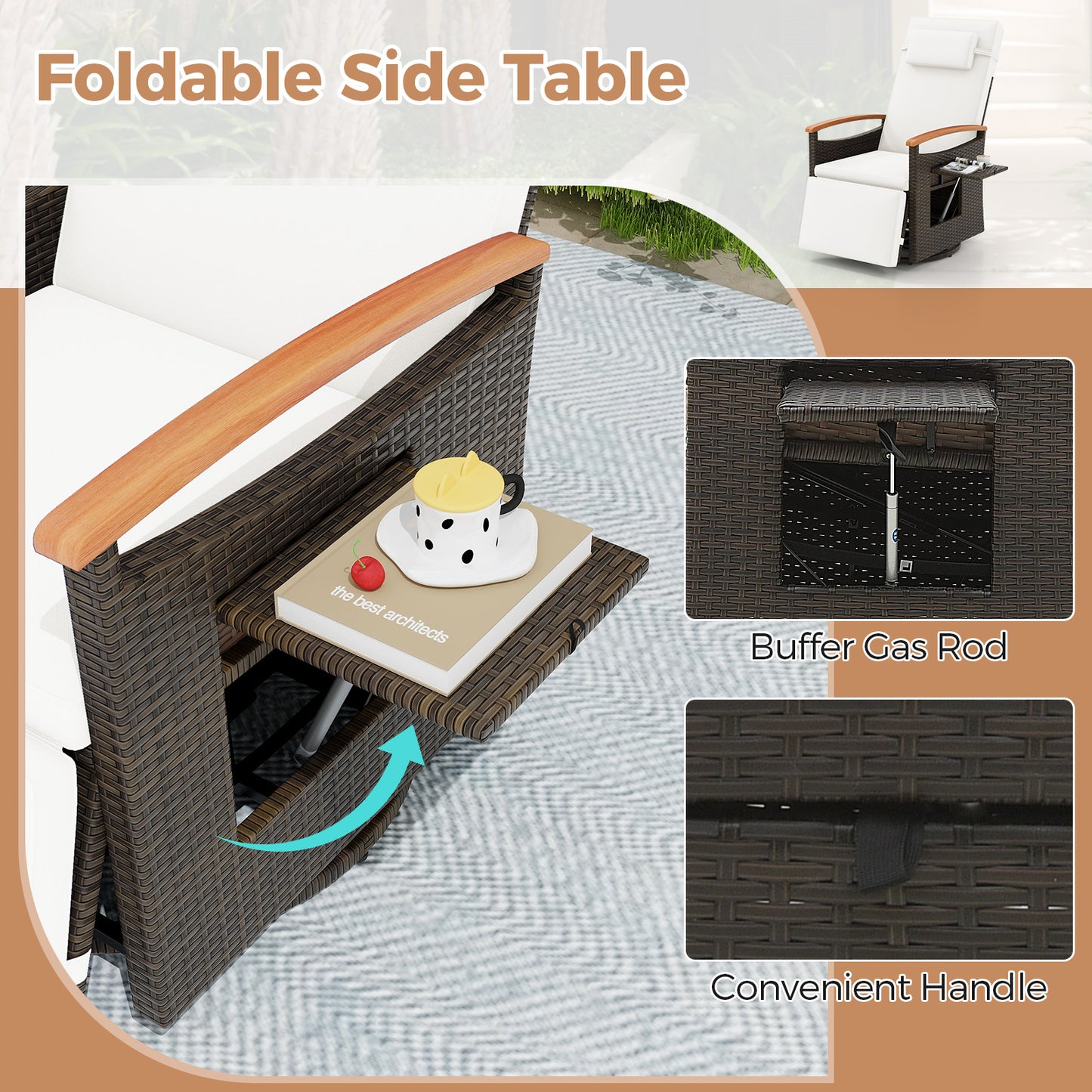 Patio Rattan 360° Swivel Recliner Chair with Adjustable Backrest and Footrest, White Outdoor Seating & Patio Chairs at Gallery Canada