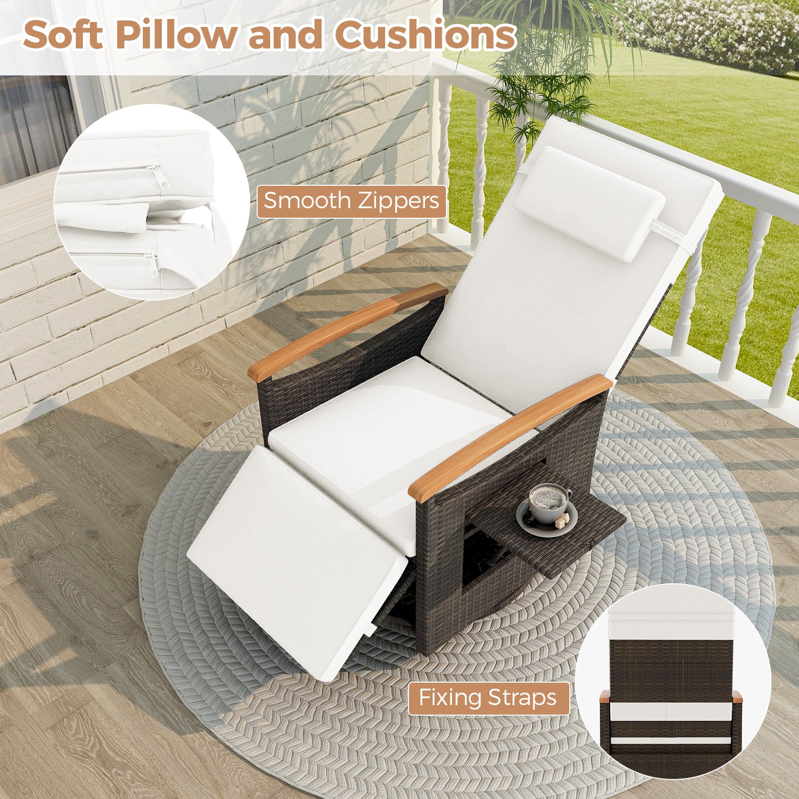 Patio Rattan 360° Swivel Recliner Chair with Adjustable Backrest and Footrest, White Outdoor Seating & Patio Chairs at Gallery Canada