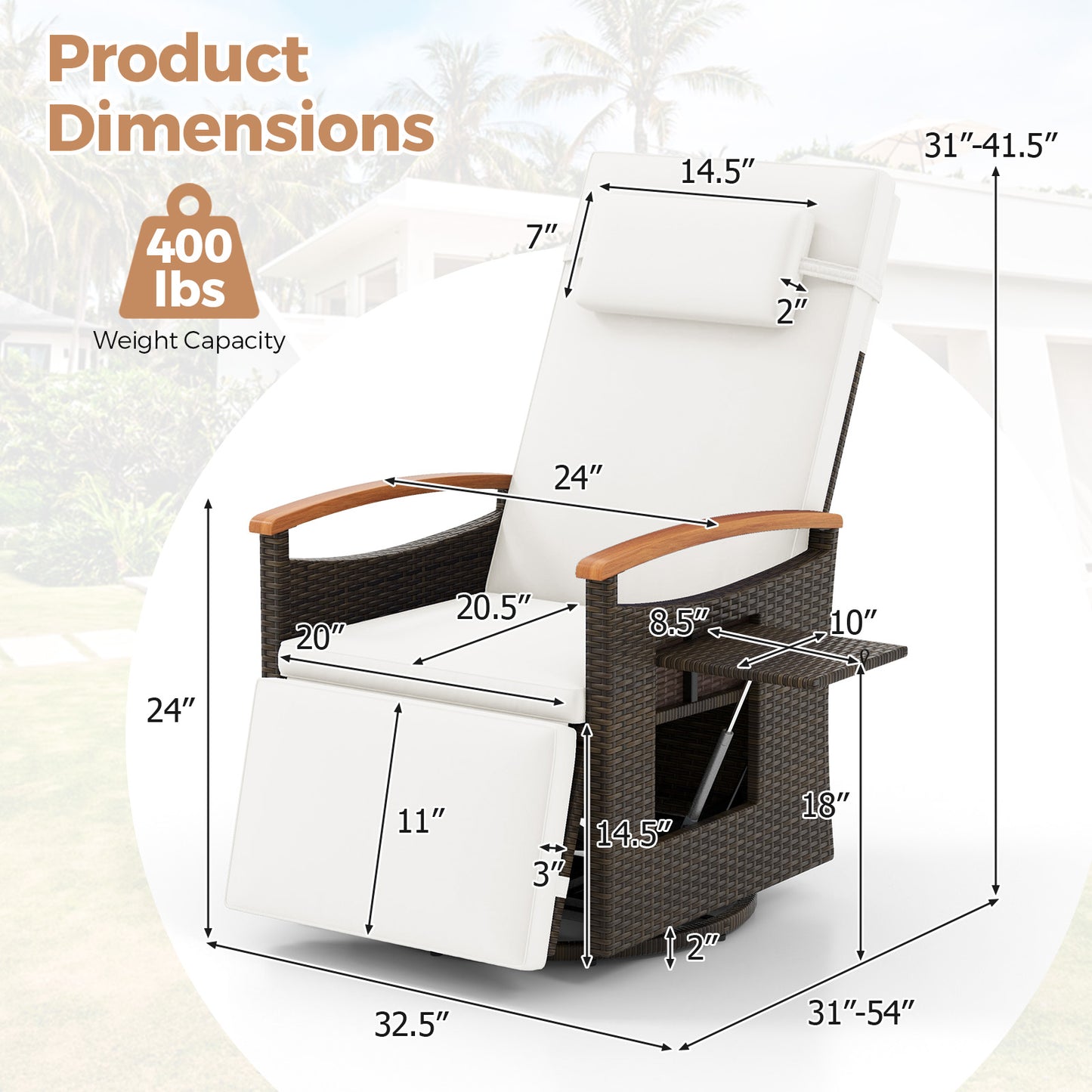 Patio Rattan 360° Swivel Recliner Chair with Adjustable Backrest and Footrest, White Outdoor Seating & Patio Chairs at Gallery Canada