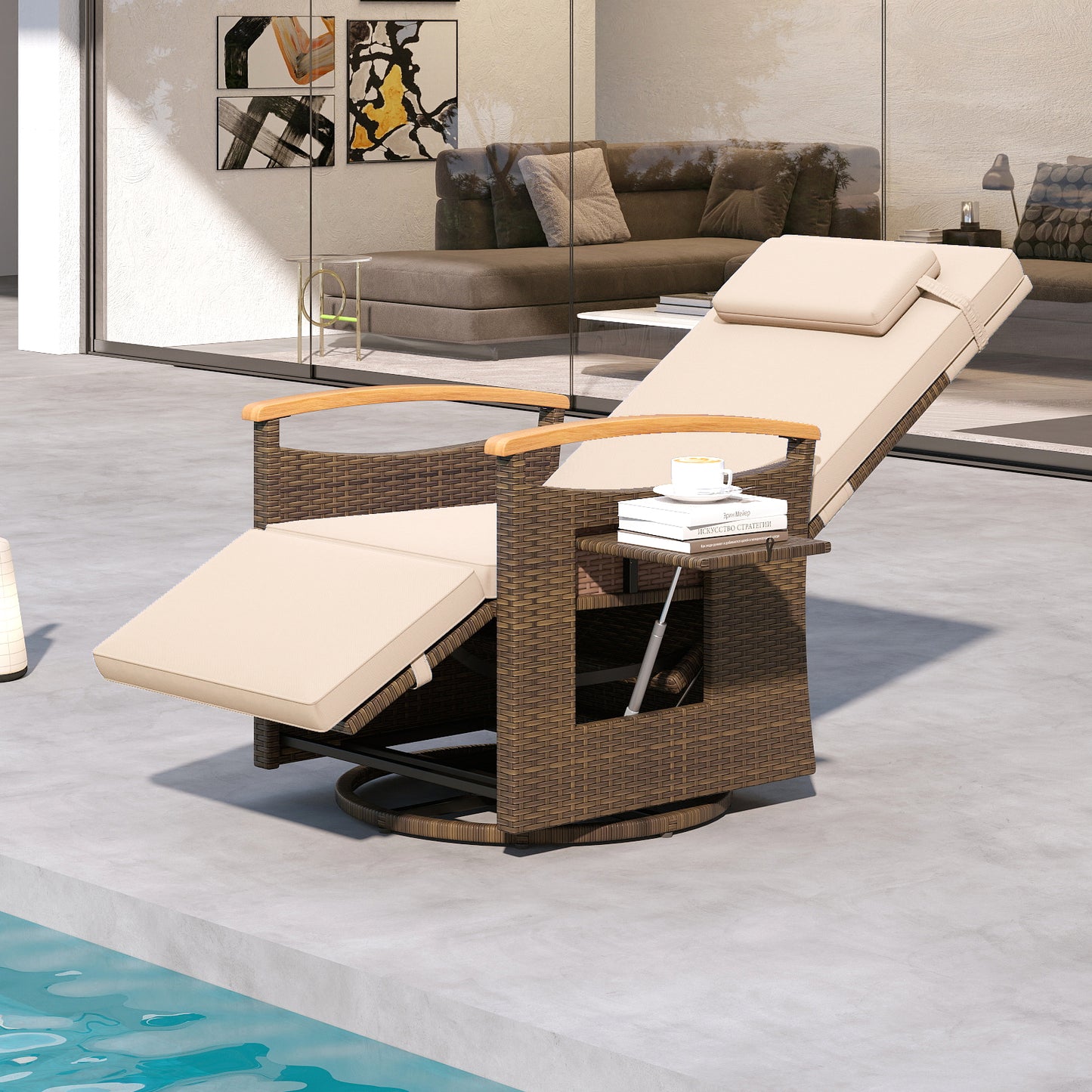 Rattan Swivel Recliner Chair, Adjustable Backrest Footrest, Beige Recliners at Gallery Canada