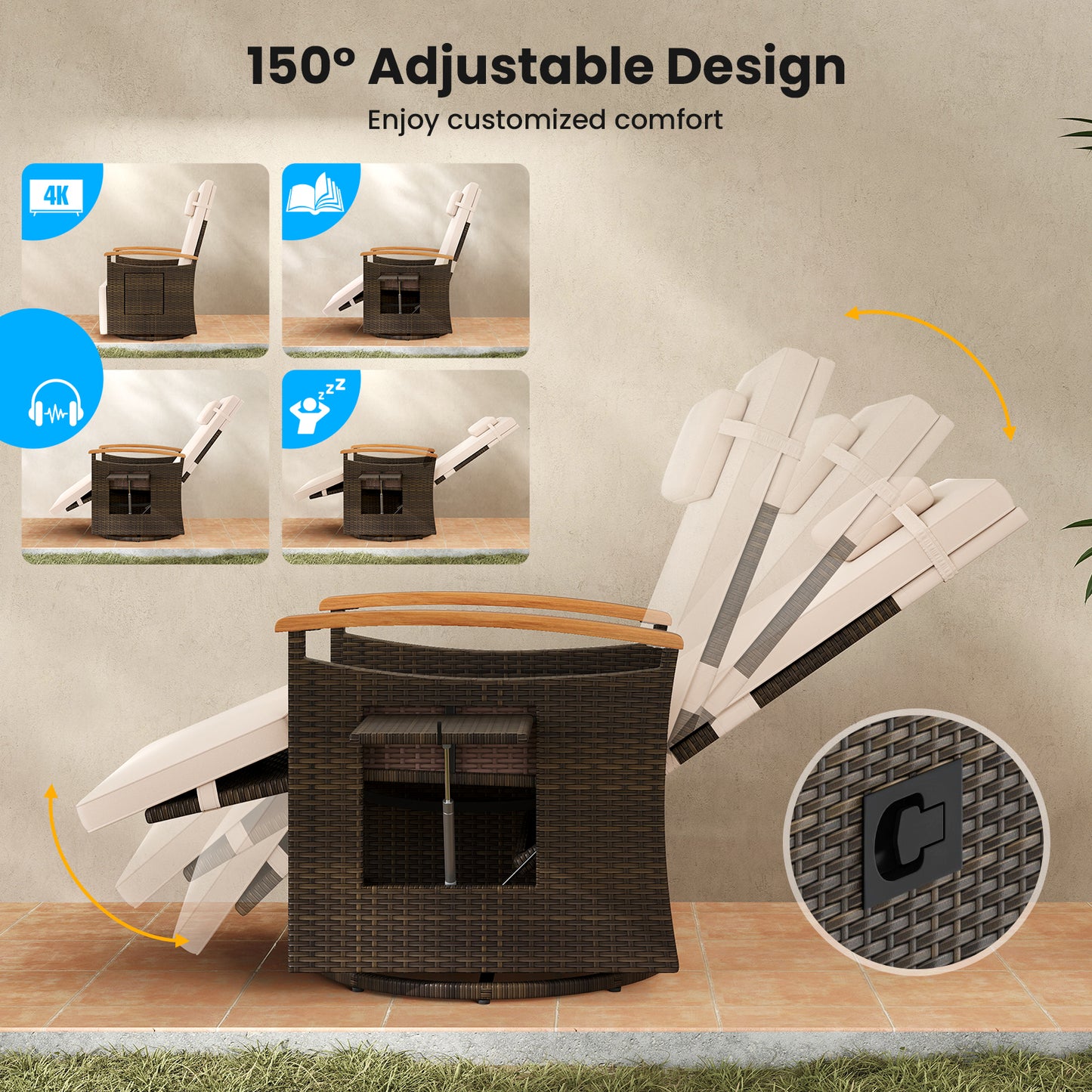 Rattan Swivel Recliner Chair, Adjustable Backrest Footrest, Beige Recliners at Gallery Canada