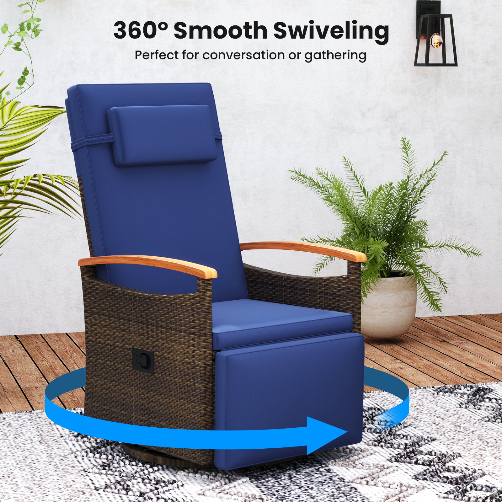 Rattan Swivel Recliner Chair, Adjustable Backrest, Footrest, Navy Recliners at Gallery Canada