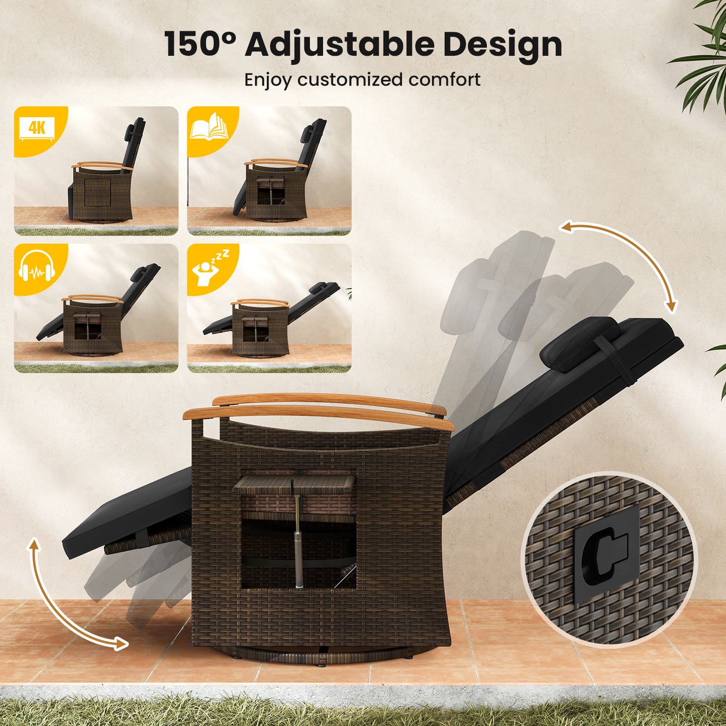 Patio Rattan 360° Swivel Recliner Chair, Adjustable Backrest, Footrest, Black Outdoor Seating & Patio Chairs at Gallery Canada