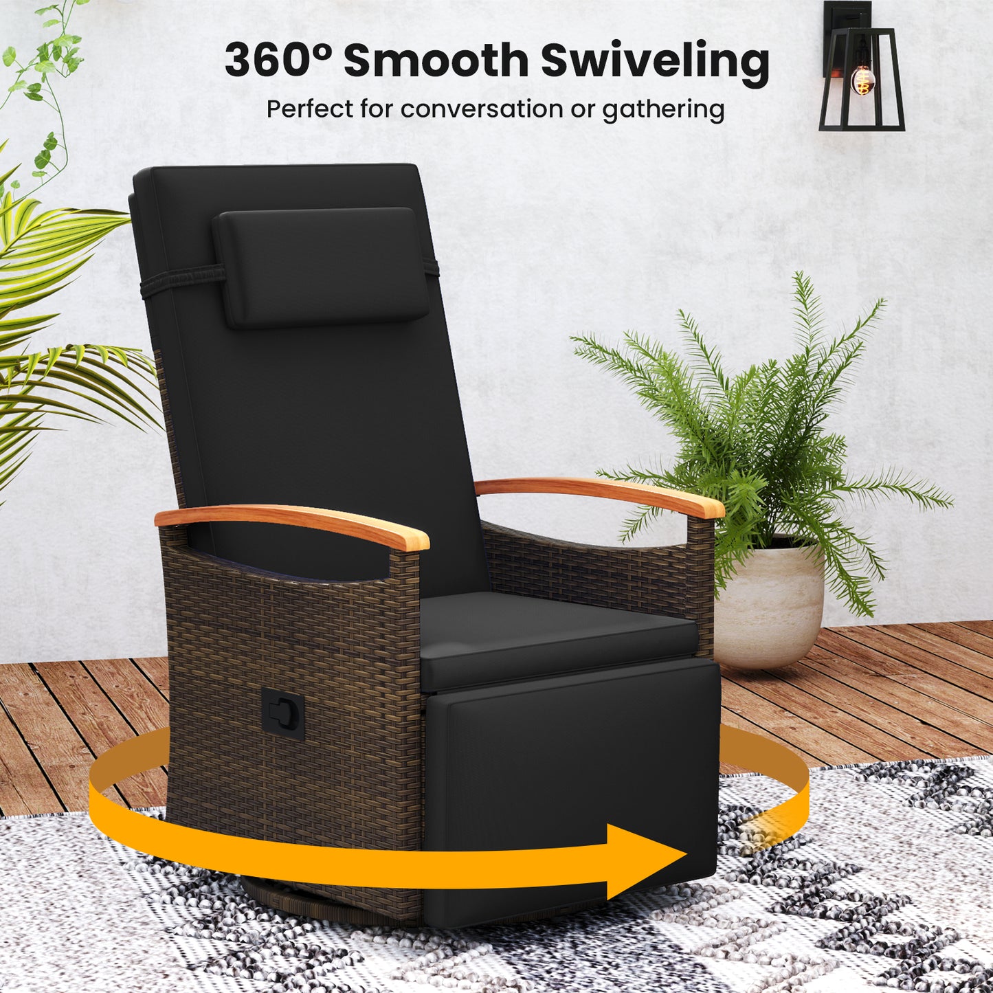 Patio Rattan 360° Swivel Recliner Chair, Adjustable Backrest, Footrest, Black Outdoor Seating & Patio Chairs at Gallery Canada