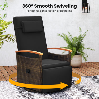 Patio Rattan 360° Swivel Recliner Chair, Adjustable Backrest, Footrest, Black Outdoor Seating & Patio Chairs at Gallery Canada