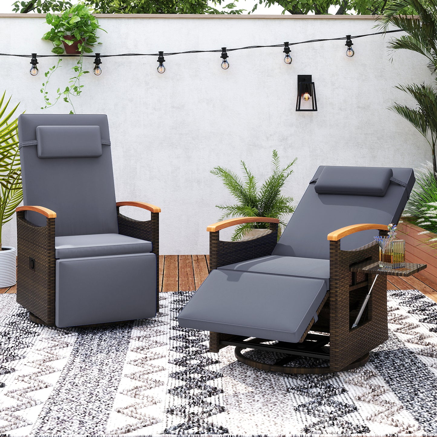 Patio Rattan 360° Swivel Recliner Chair, Adjustable Backrest, Footrest, Gray Outdoor Seating & Patio Chairs at Gallery Canada